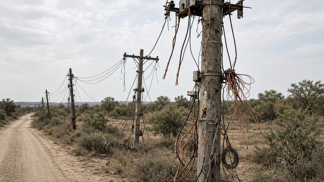 Utility poles with cut and dangling cables along a dirt road